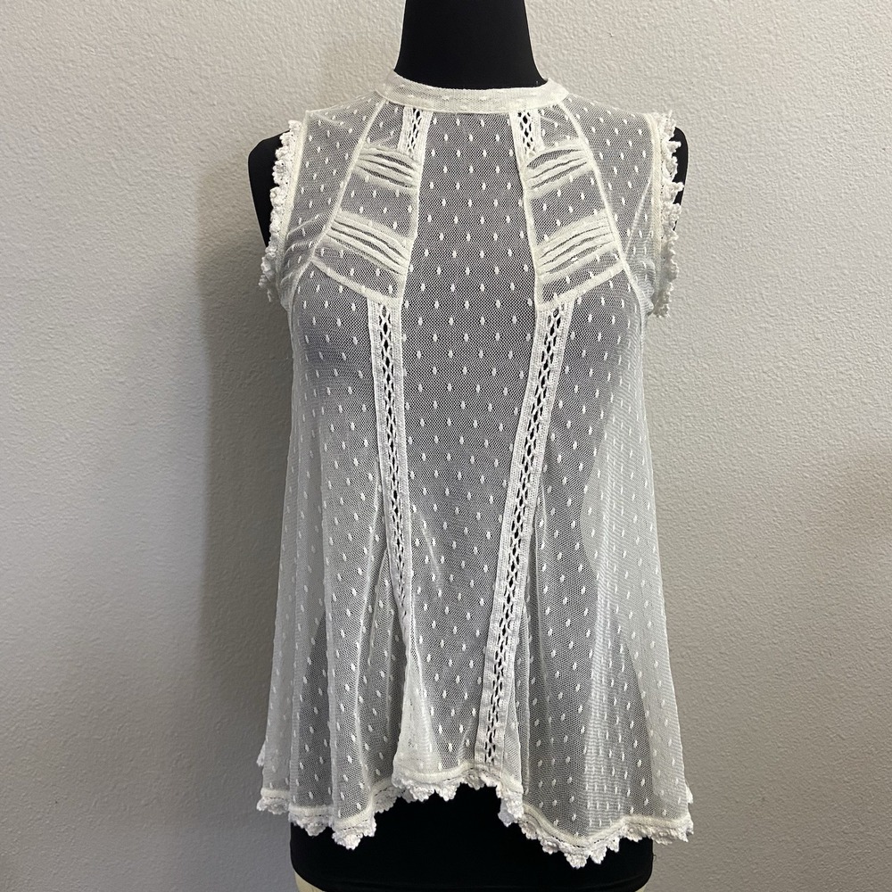 Free People Fionas Victorian Mesh Sheer Lace Top‎ Flowy Ivory Size XS Boho Tank